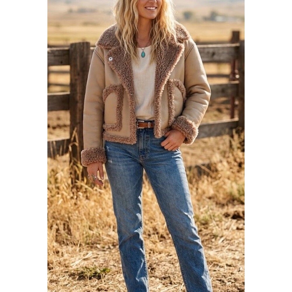 Cleo + Wolf Reversible Sherpa Trimmed Moto Jacket Brown Western Cowgirl Medium